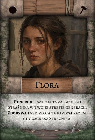 Flora – Robotnik. Generuje 1 szt. złota za każdego Strażnika w Twojej strefie generacji. Zdobywa 1 szt. złota za każdym razem, gdy zagrasz Strażnika.